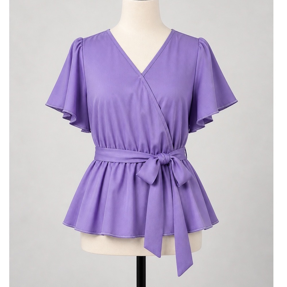 Purple Wrap Peplum Top Flutter Sleeve V-Neck Tie Waist Blouse 2XL Cottage Core